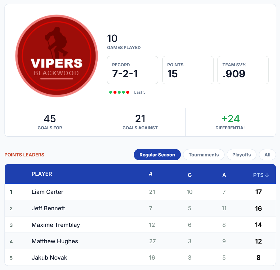 Blackwood Vipers team dashboard showing season totals and points leaders
