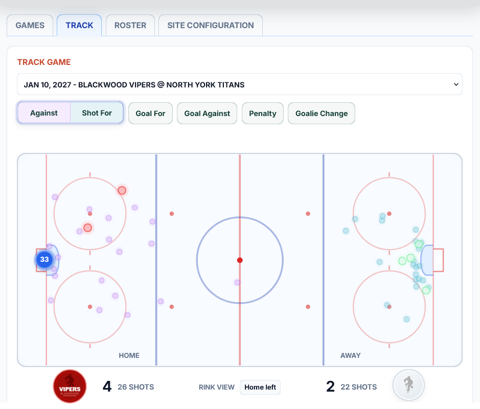 Game-tracking dashboard showing event controls and recorded shot locations on the rink